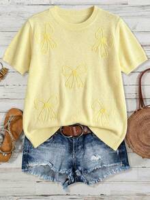 Elenzga Blusa de punto holgada y versátil de manga corta con cuello redondo y decoración bordada en 3D con lazo en color amarillo mantequilla para mujer - Amarillo - Ver 2
