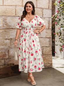 Breezaya Elegant Floral Print Plus Size V-Neck Dress For Women - Apricot - View 4