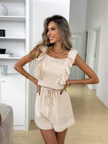 Easowa 100% Cotton Casual Jumpsuit With Square Neck, Cap Sleeve, Suspender, Textured Crepe Fabric, Relaxed & Elegant Commuting Style, Suitable For Spring/Summer - Apricot - View 3