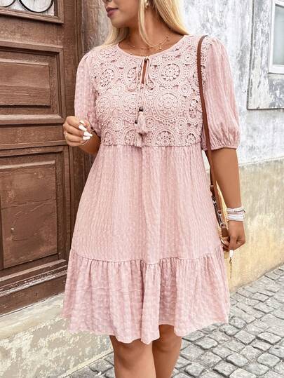 Breezaya Plus Size V-Neck Lantern Sleeve Tassel & Water-Soluble Lace Patchwork Dress Pink Summer Dress Women Pink Lace Dress Dusty Rose Dress Women