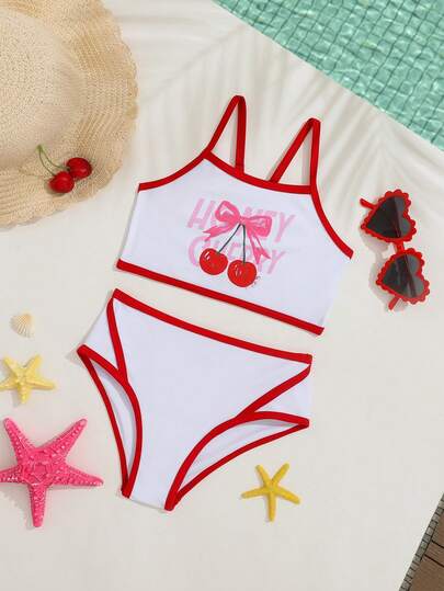 可爱樱桃印花露背少女吊带比基尼上衣