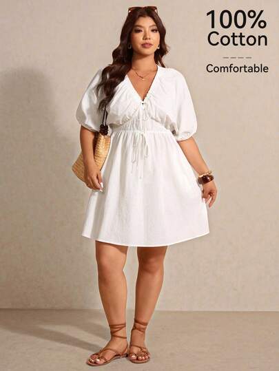 Elaquor Plus Size Women V-Neck Front Tie Short Petal Sleeve Pocket Casual Dress White Summer Dress Plus Plus Vacation Dress Casual White Dress Summer Dress Curve Spring/Summer Elegant Dress For Women Graduation Ceremony Easter Dress For Women Spring/Summer Casual Vacation Dress For Women