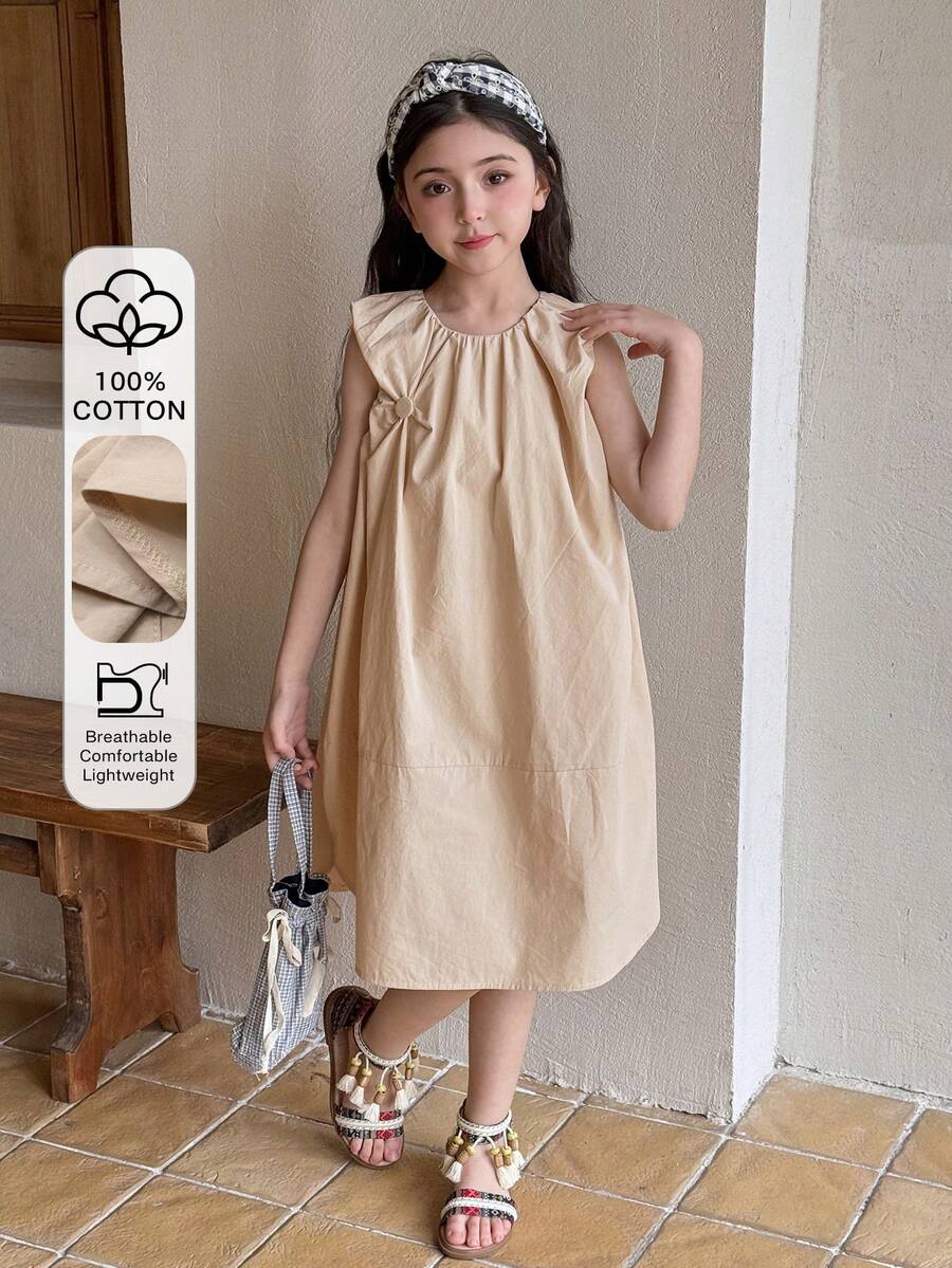 DAZY Tween Girls' Solid Color Round Neck Pleated Casual Loose Dress Summer - Khaki - View 1