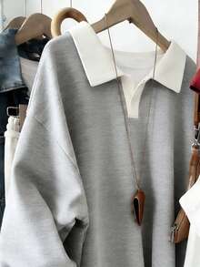 Franclia Women's Contrast Color Patchwork Floral Print Polo Collar Casual Loose Sweatshirt, Plus Size - Grey - View 3