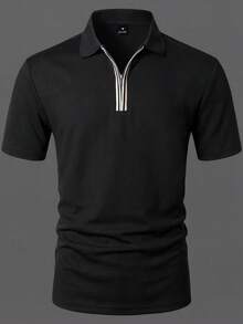 Manfinity Bizformal 男士翻领短袖 Polo 衫，针织钩编面料，黑色男士 Polo 衫，休闲男士 Polo 衫，适合送给丈夫、男友或朋友的礼物，适合日常外出、朋友聚会和休闲周末穿着，INS 热销百搭单品 - 黑色 - 查看 3