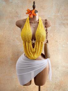 Mistrie Women's Plunge Neck Metallic Starfish Decor Sexy Halter Sequin Blouse - Yellow - View 3