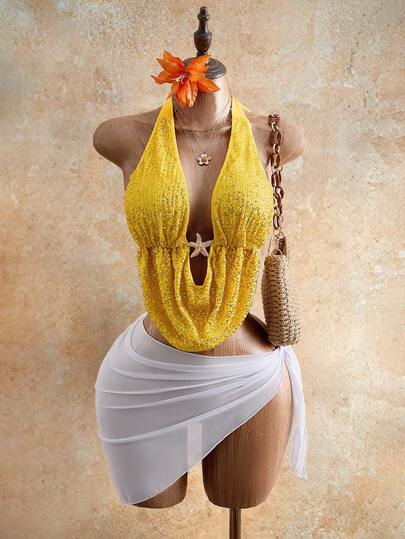 Mistrie Women's Plunge Neck Metallic Starfish Decor Sexy Halter Sequin Blouse