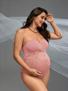 Cheriluna Maternity Mono de maternidad elegante de unicolor con parches de encaje para sesión de fotos - Rosa - Ver 1