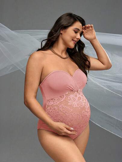 Cheriluna Maternity Elegant Solid Color Lace Patchwork Maternity Romper For Photoshoot