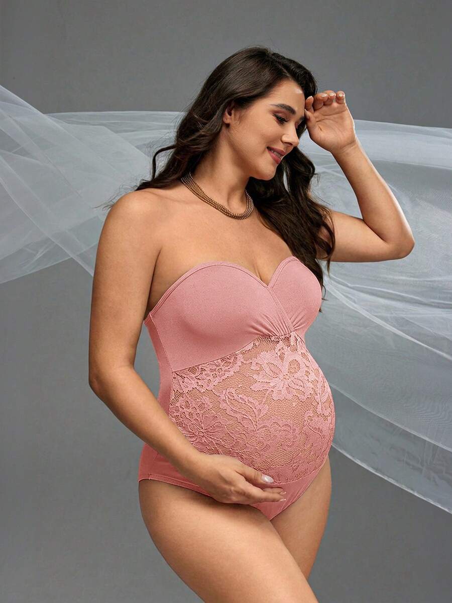 Cheriluna Maternity Mono de maternidad elegante de unicolor con parches de encaje para sesión de fotos - Rosa - Ver 1