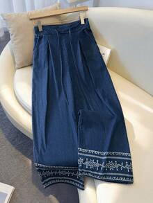 GlowEve Women's Drawstring Waist Pocket Casual Versatile Daily Wear Wide Leg Jeans - Blue - View 3