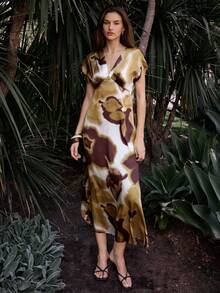 Maija 黄色缎面V领中长连衣裙，收腰设计，都市风格 - 彩色 - 查看 1