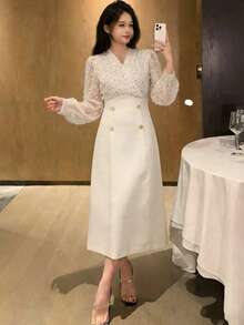 DAZY Elegant White Sequin V-Neck Luxury Sequin Mid-Length Dress For Women, Suitable For Graduation Ceremony, Wedding, And Party Events Sundress - White - View 1