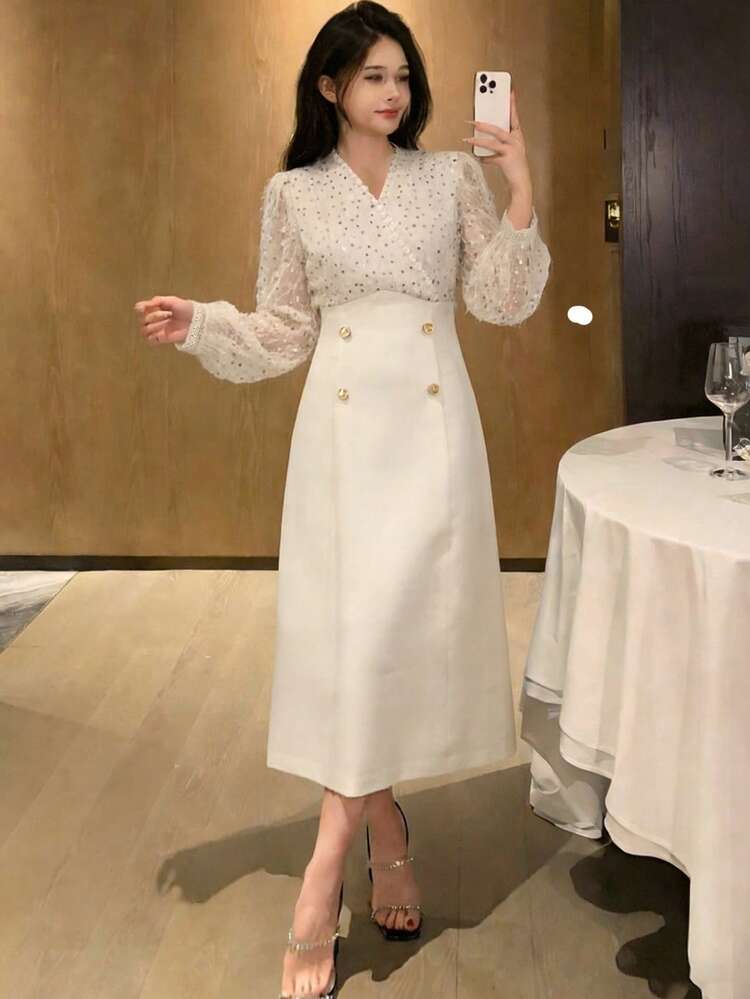 Elegant White Sequin V-Neck Luxury Sequin Mid-Length Dress For Women, Suitable For Graduation Ceremony, Wedding, And Party Events Sundress