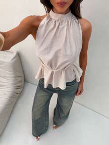 Aloruh Women's Elegant Tie-Up Halter Backless Linen Solid Color Vacation Blouse,Summer Top - Apricot - View 6