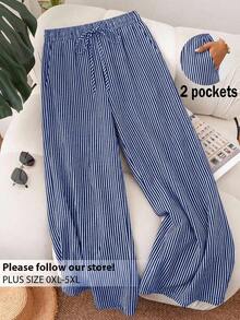CosyJoli Pantalones anchos de uso diario con bolsillos y cordón en la cintura para mujeres de talla grande con diseño de rayas - Multicolor - Ver 1