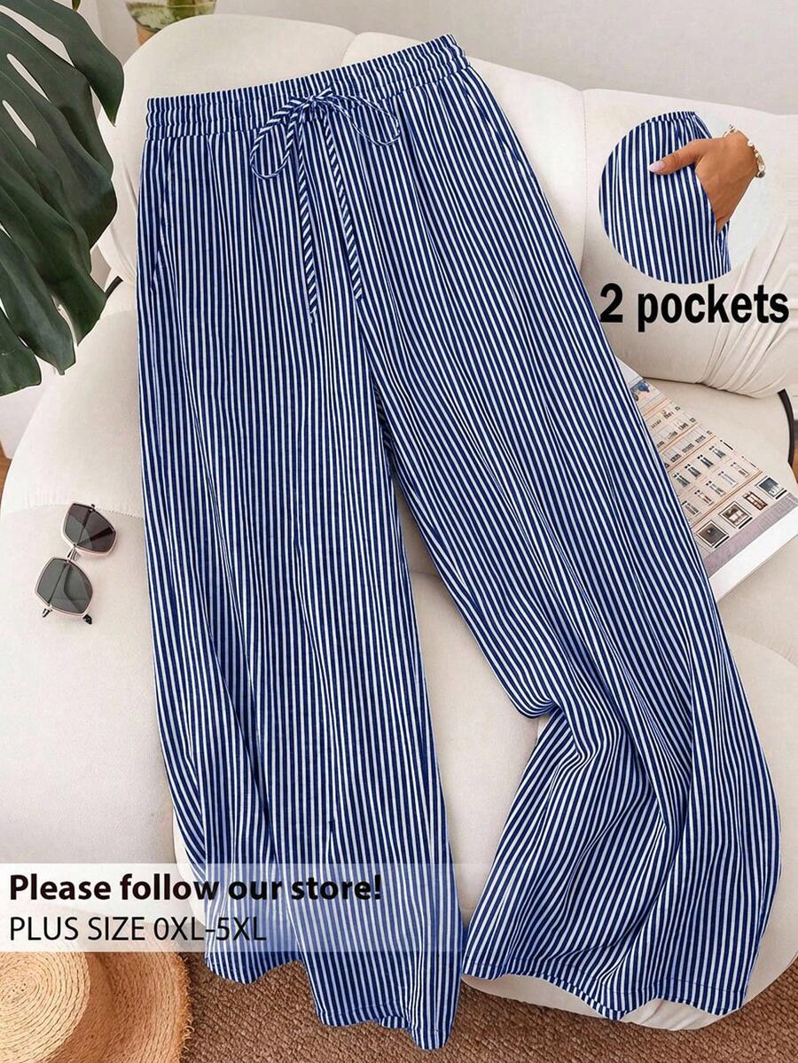 CosyJoli Pantalones anchos de uso diario con bolsillos y cordón en la cintura para mujeres de talla grande con diseño de rayas - Multicolor - Ver 1