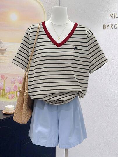 Resyla 复古彩色条纹短袖V领T恤，女士休闲夏季上衣