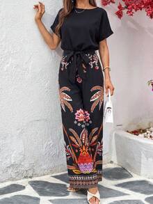 SHEIN Clasi 女士优雅圆领连体裤，配腰带，阔腿连身裤，度假必备 - 彩色 - 查看 6