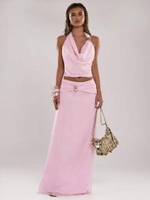 SHEIN BAE Women's Elegant Pink Chiffon A-Line Relaxed Skirt,Solid Color Casual Autumn Party Skirt For Beach Vacation,Cocktail Party,Brunch,Wedding & Concert - Pink - View 1