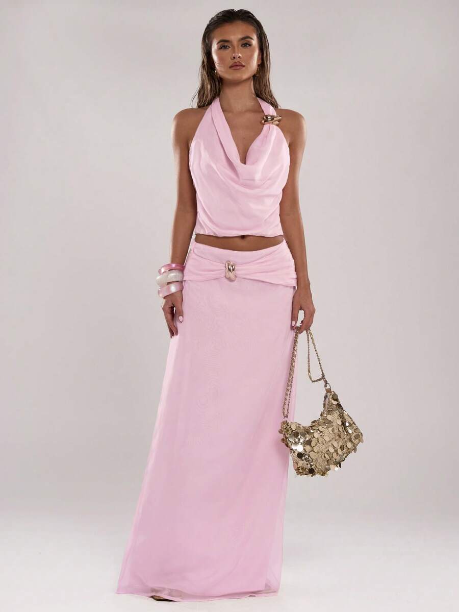 SHEIN BAE Women's Elegant Pink Chiffon A-Line Relaxed Skirt,Solid Color Casual Autumn Party Skirt For Beach Vacation,Cocktail Party,Brunch,Wedding & Concert - Pink - View 1