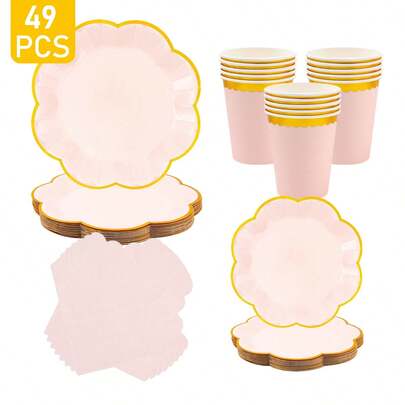 Light Pink Octagonal Paper Plates With Gold Foil Edge, Disposable Plates, Napkins And Cups Set For 8 Guests.This Disposable Party Supplies Set, Including Plates, Napkins And Cups, Is Perfect For Birthday Parties, Weddings And Family Picnics.