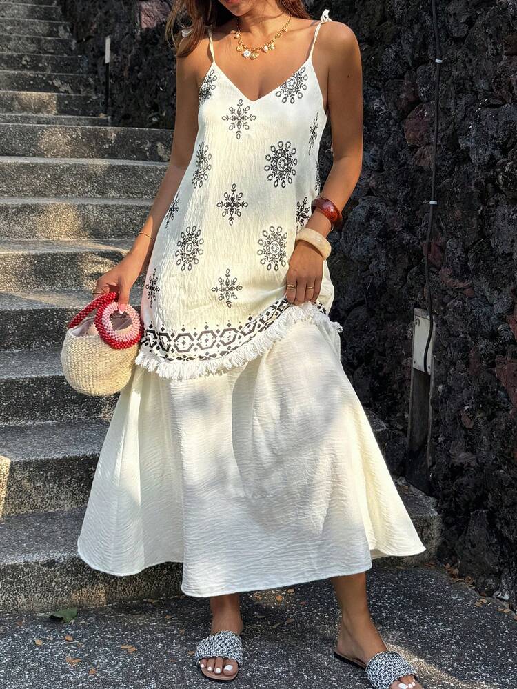 Women's V-Neck Contrast Color Patchwork Print Spaghetti Strap Dress, Vacation & Casual Style Sundress Summer Boho