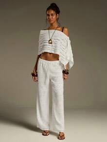 Athîral 女士时尚亮片低腰阔腿裤 - 白色 - 查看 3