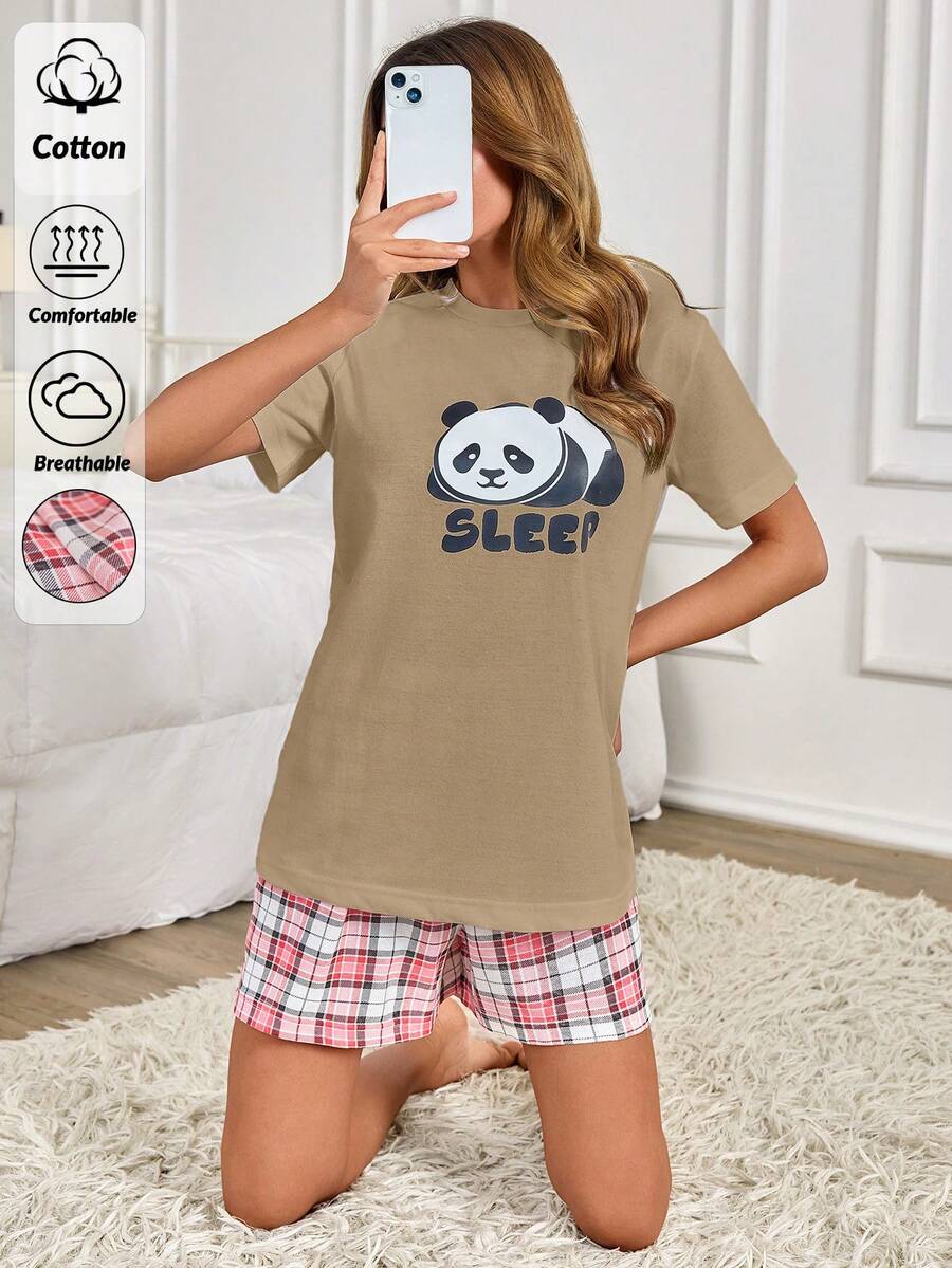 SHEIN Women Cotton 2 Pcs Cute Panda Pattern Short Sleeved Shirt&Plaid Pattern Short Homewear Comfort Pajama Set - Beige - View 1
