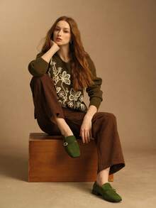 Rosivie Sepatu Kasual Wanita Model Inggris dengan Ujung Persegi dan Sol Datar - Dark Green - View 6