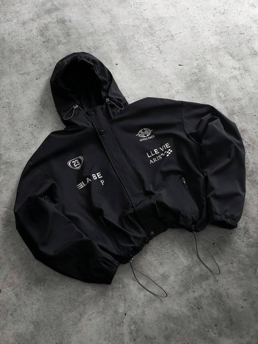 PAVTROS 男士字母印花长袖休闲抽绳连帽夹克 - 黑色 - 查看 1