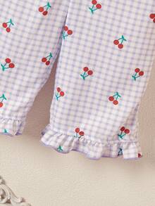 Souflis Souflis 2pcs Baby Girl Newborn 0-3Y Summer Cute Family Matching Cherry Embroidery Short Sleeve T-Shirt And Red And White Plaid Pants Set Summer Outfits - Multicolor - View 6