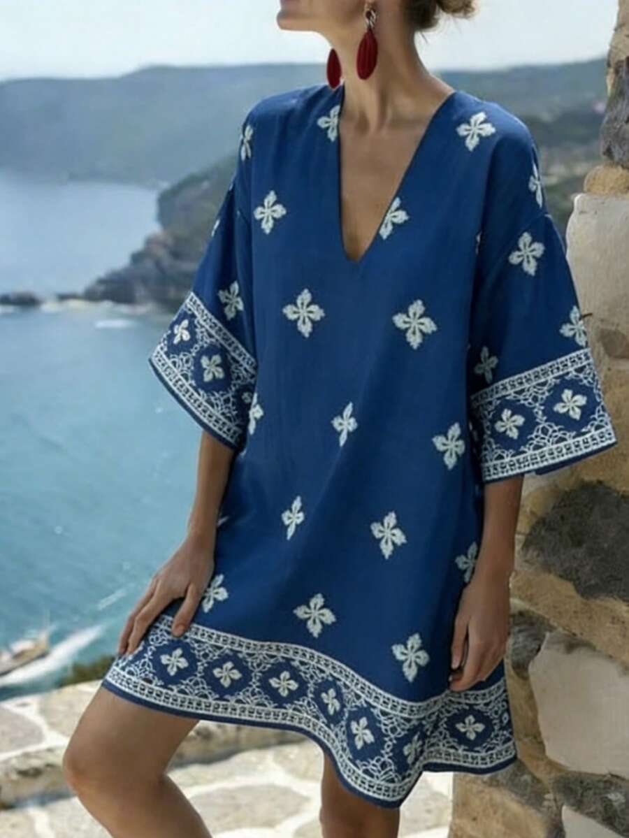 Breezaya 女士夏季度假休闲提花连衣裙 - 藍色 - 查看 1