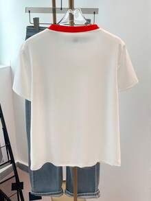 Resyla Women's Colorblock Round Neck Short Sleeve Casual Cherry Embroidery Graphic T-Shirt - White - View 2