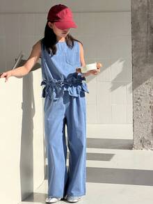 DAZY Tween Girl Casual Vacation Style Fashion Street Peplum Waist Sleeveless Denim Jumpsuit, Spring/Summer - Blue - View 6