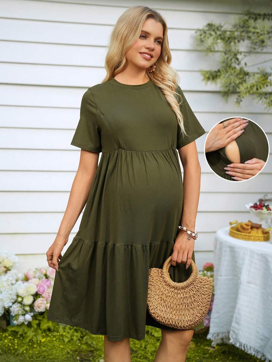 GentleRue Maternity Maternity Solid Color Round Neck Short Sleeve Ruffle Hem Casual Nursing Dress - Army Green - View 1