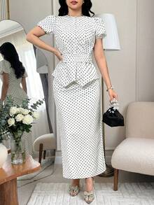 Modelyn 女士优雅通勤波点印花衬衫和半裙两件套 - 彩色 - 查看 2