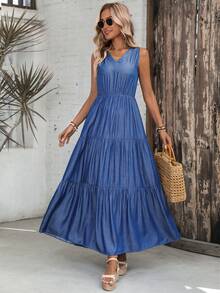 EMERY ROSE 女士纯色褶皱V领优雅收腰连衣裙，适合派对穿着 - 藍色 - 查看 1