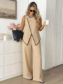 Vionelle Conjunto de 2 piezas para mujer talla grande con chaleco de un solo pecho con borde y pantalones de pierna ancha, casual elegante, conjunto coordinado de clase para mujer, brunch, oficina, rayas blancas y negras, verano - Albaricoque - Ver 2
