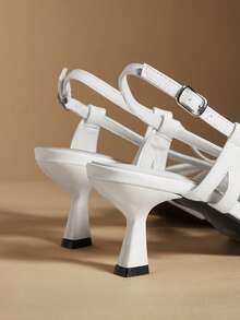 Rosivie 女士夏季交叉绑带搭扣方跟中跟简约时尚白色真皮凉鞋通勤约会 - 白色 - 查看 4