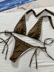 Swim Vcay Women's Plain Coffee Brown Halter Neck Bikini With Stud Accents Lace Up Tie Side Bottom - Coffee Brown - View 2