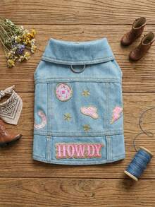 PETSIN 1pc Cat/Dog Universal Clothes, Embroidered Pet Blue Jacket, American Western Style, With Traction D-Shaped Ring, Pet Spring Fashion Jacket - Blue - View 2