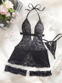 SHEIN Conjunto de 4 piezas Camisón sexy con escote halter y espalda descubierta de encaje para salir, look de chica mala - Negro - Ver 5