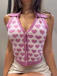 DAZY Women's Heart Pattern Single-Breasted Fashionable Versatile Date Outing Knit Top - Hot Pink - View 6
