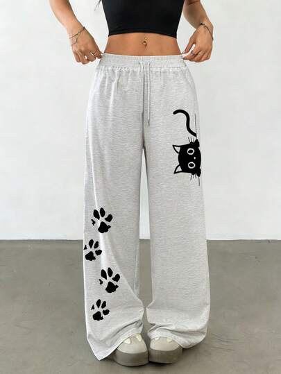 INAWLY Women's Black Cat Pattern Straight Loose Fit Long Lightweight Sweatpants, Women's Comfortable Jogging Pants, Paw Print Design, Drawstring Waist, Funny Print Joggers, Casual All Season Pants, Elegant Comfortable Design, Lightweight Casual Outdoor Sports Pants, Light Gray Casual Knit Pants