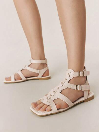 Styleloop Ladies Spring And Summer New Brown, Beige With Rivet Decoration Light Luxury Fashion Versatile Party Roman Sandals, Casual Outdoor Beach Vacation Style Retro Bohemian Style Internet Celebrities Recommend Fairy Style With Skirt French Simple Design Square Toe Flat Sandals