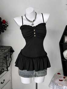 Sunspun 女士休闲褶裥吊带背心，拼接荷叶边饰边，荷叶领设计 - 黑色 - 查看 5