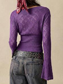 Bohemela 女士纯色休闲百搭日常穿搭喇叭袖毛衣 - 紫色 - 查看 2