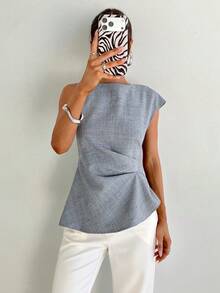 Siren Gaze Women's Grey Elegant Office Summer Blouse,Boat Neck Twist Front Sleeveless Tank Top,Ruched Waist Asymmetric Hem Shirt,Button Closure Back Work Wear - Grey - View 3