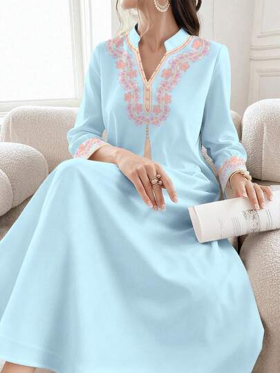 SHEIN Najma Floral Digital Print Light Blue Maxi Dress, Women's Fashion V-Neck Slit Turndown Collar Long Sleeve Maxi Dress, Elegant Arabian Dress For Spring/Summer